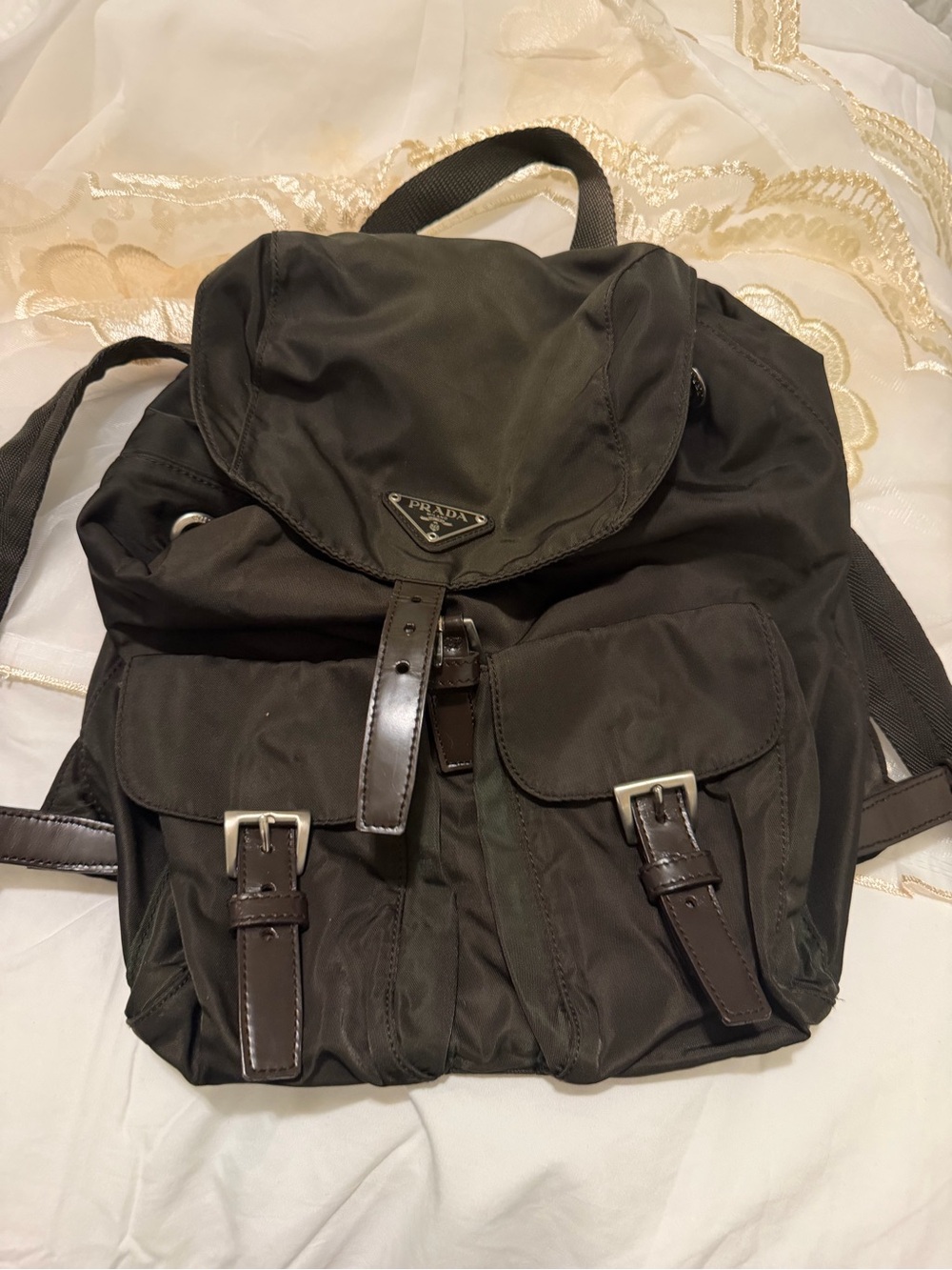 Prada Olive Green Nylon Backpack with Dark Brown Leather Trim - Picture 1 of 4